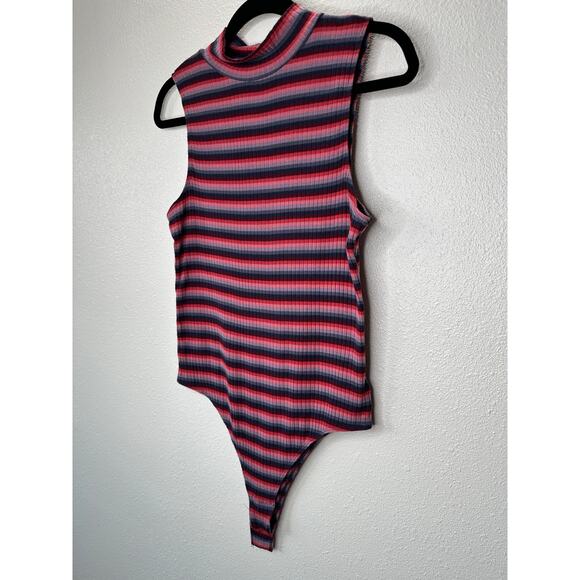 Abound Pink Burgundy Blue Gray Striped Mock Neck Sleeveless Bodysuit L - Picture 3 of 12